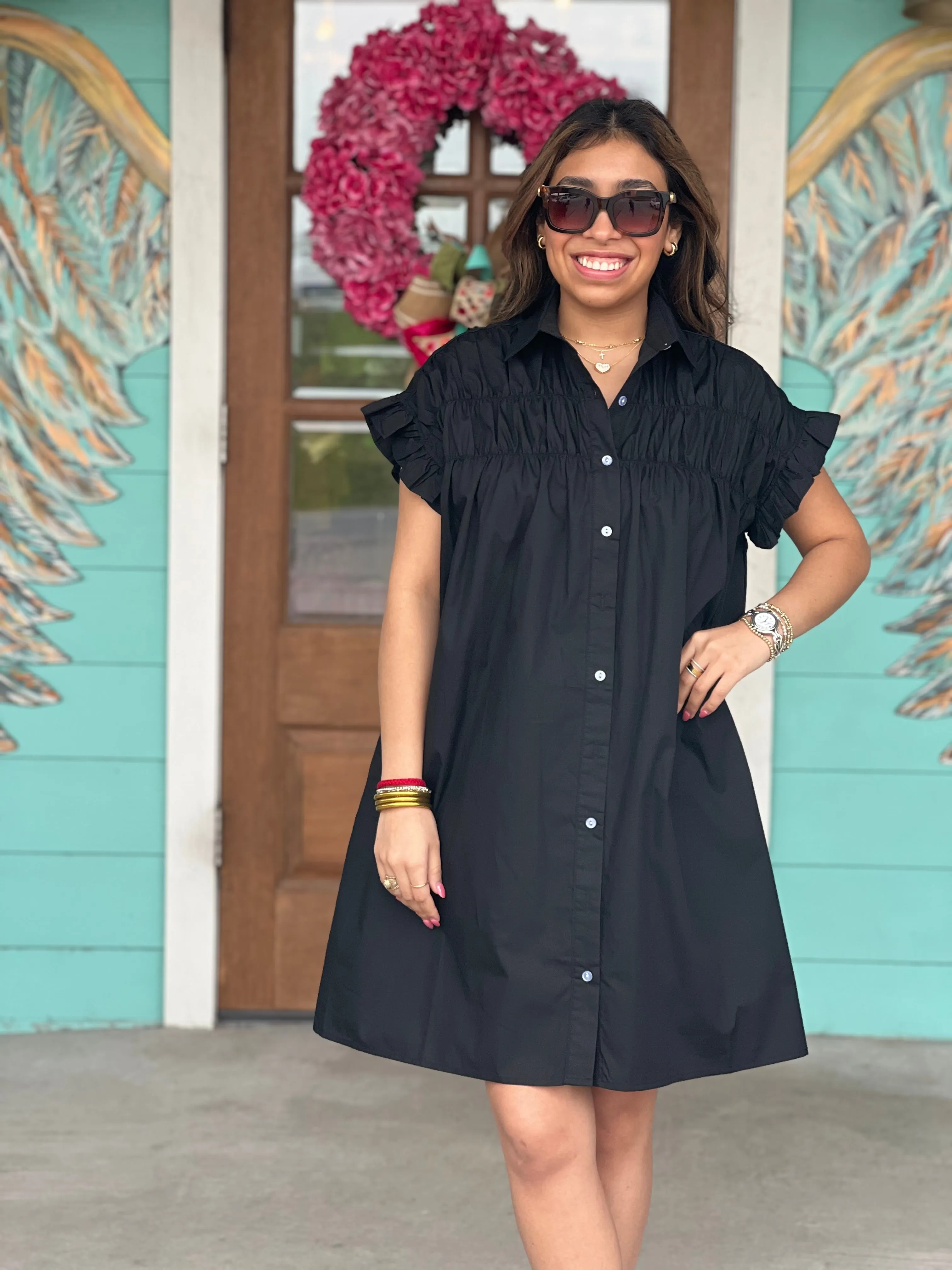 Abigail Black Woven Button Down Dress