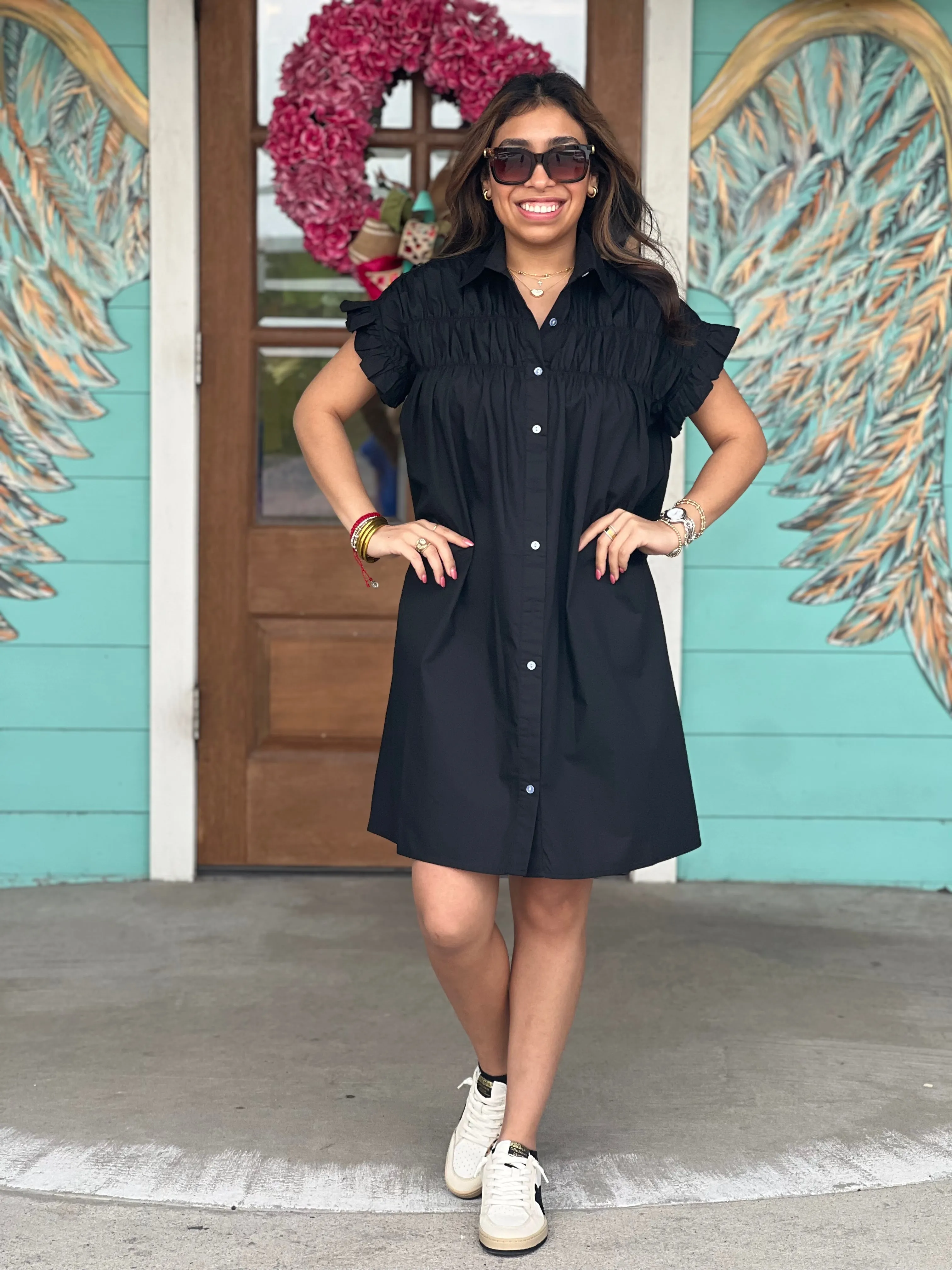 Abigail Black Woven Button Down Dress