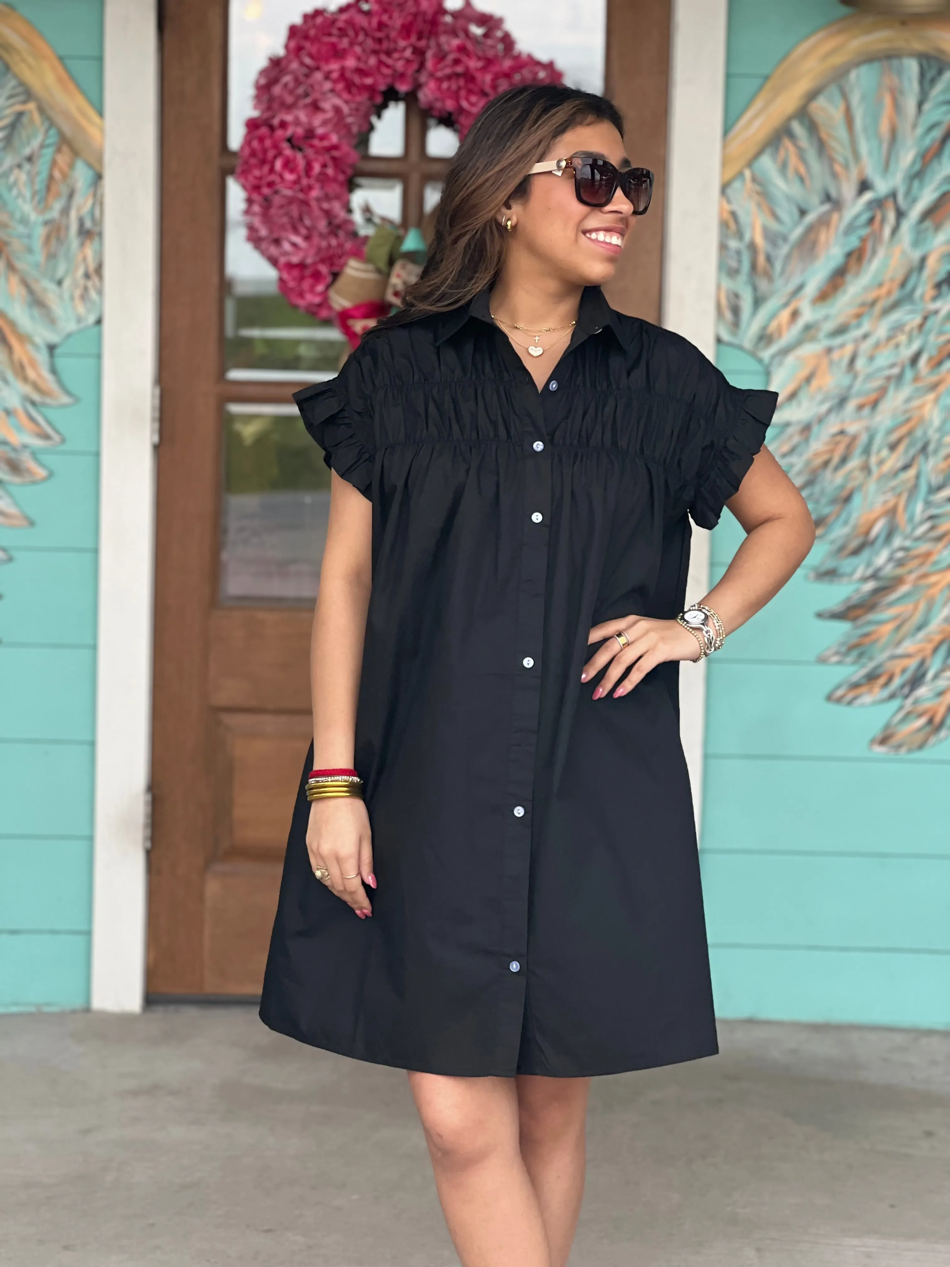 Abigail Black Woven Button Down Dress