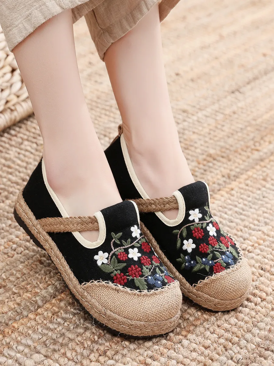 Berry Daisy Embroidered Linen Round Toe Espadrilles Loafers - Black