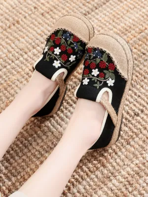 Berry Daisy Embroidered Linen Round Toe Espadrilles Loafers - Black