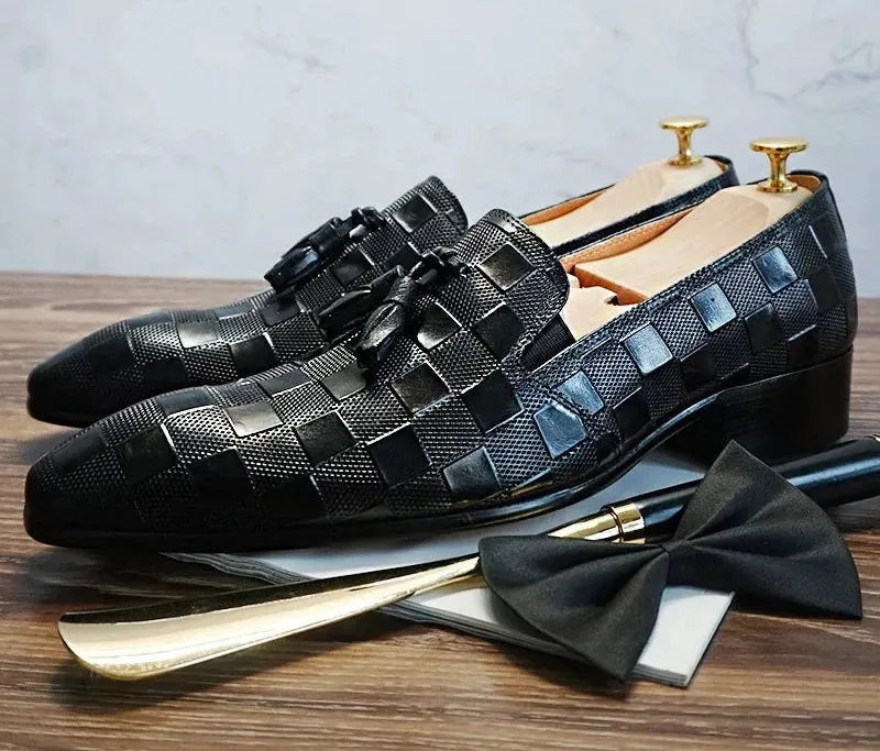 Black Brown  Plaid Prints Slip On Men's Shoes