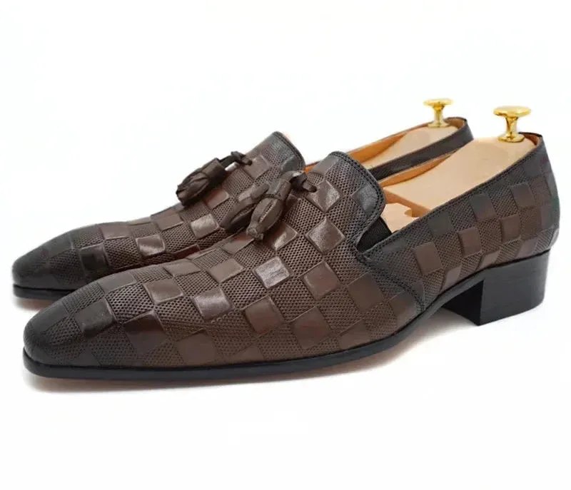 Black Brown  Plaid Prints Slip On Men's Shoes
