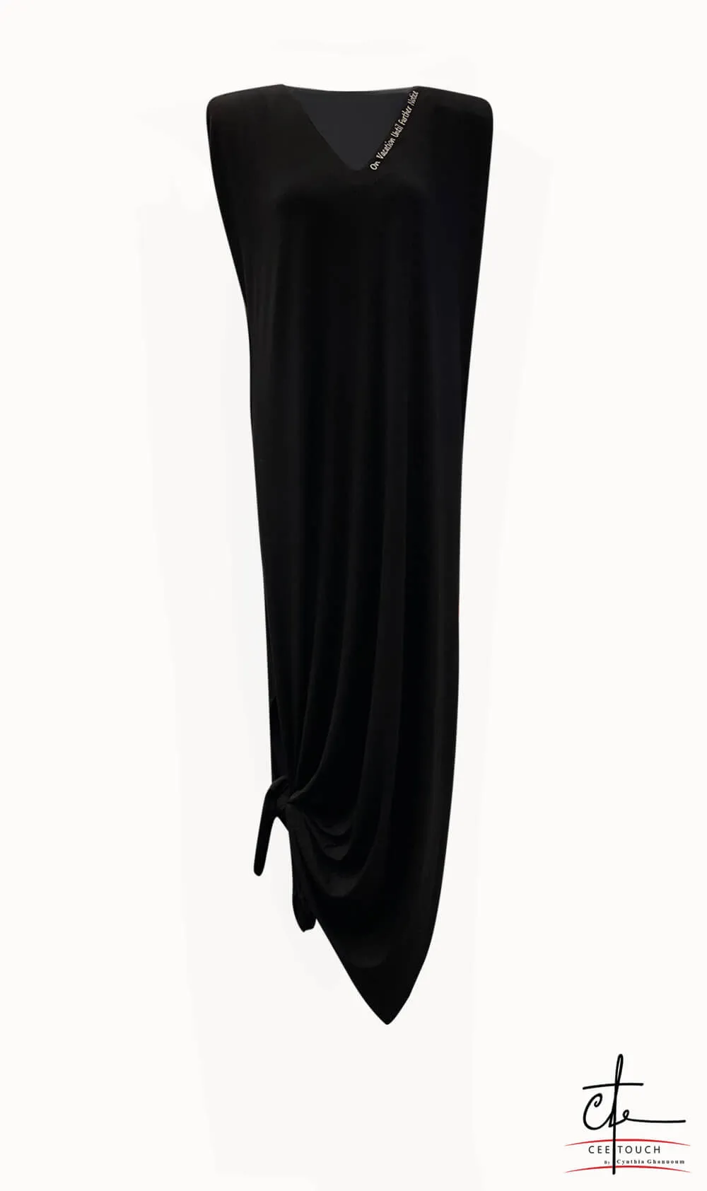 Black Cotton Embroidered V Neck Maxi Dress