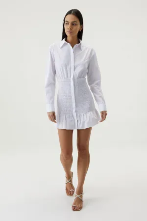 BLUR OUT SHIRRED SHIRT DRESS | WHITE