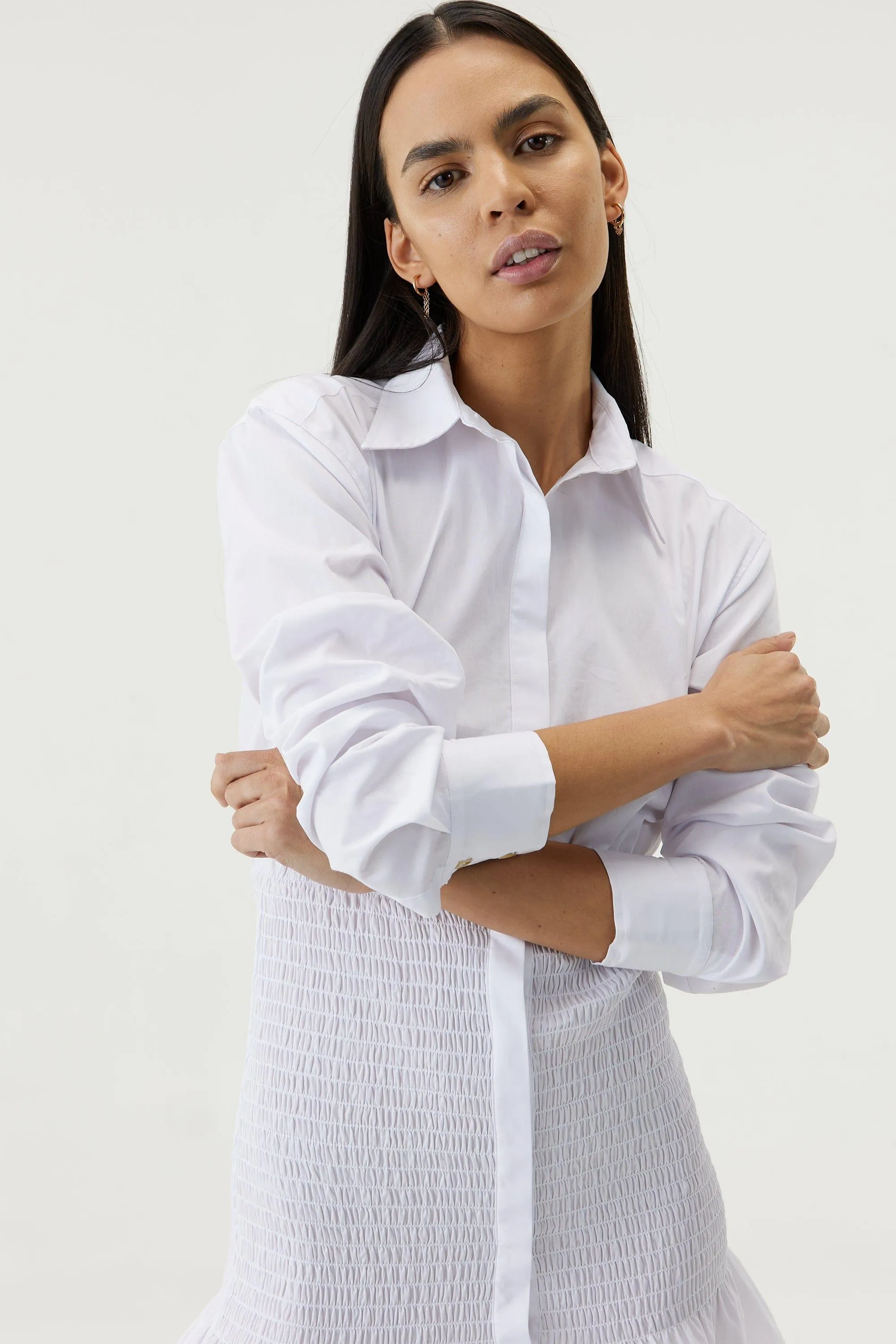 BLUR OUT SHIRRED SHIRT DRESS | WHITE