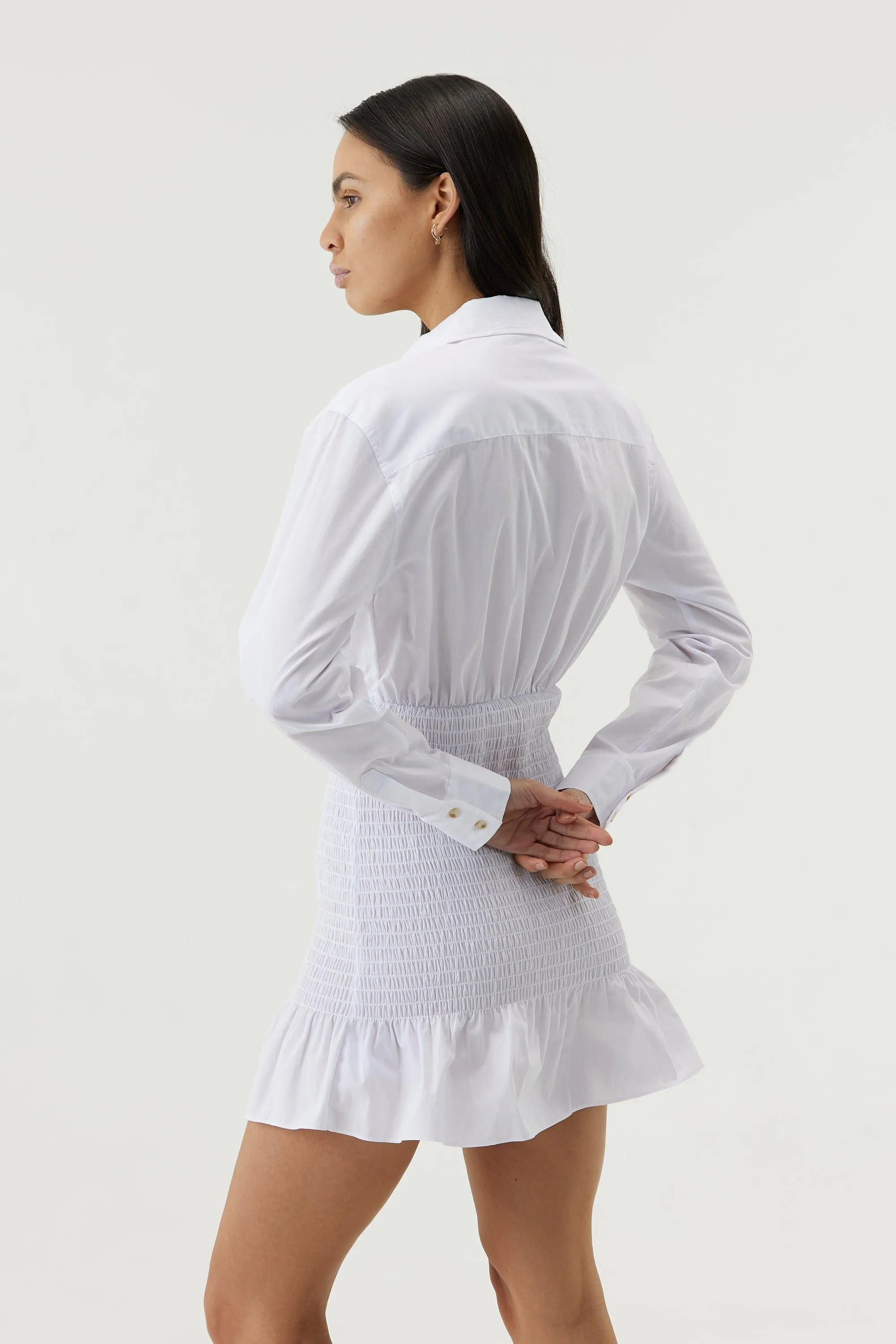 BLUR OUT SHIRRED SHIRT DRESS | WHITE