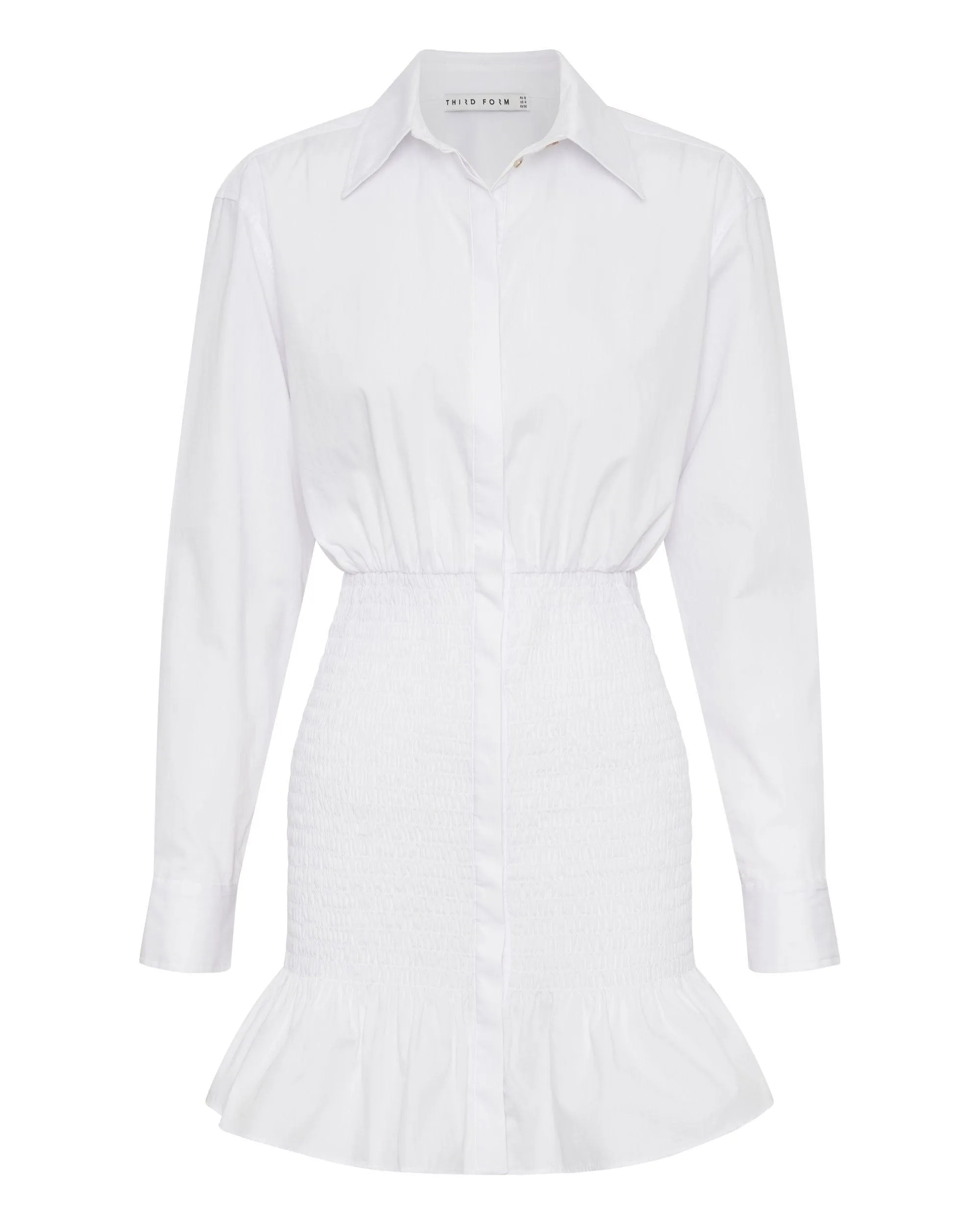 BLUR OUT SHIRRED SHIRT DRESS | WHITE