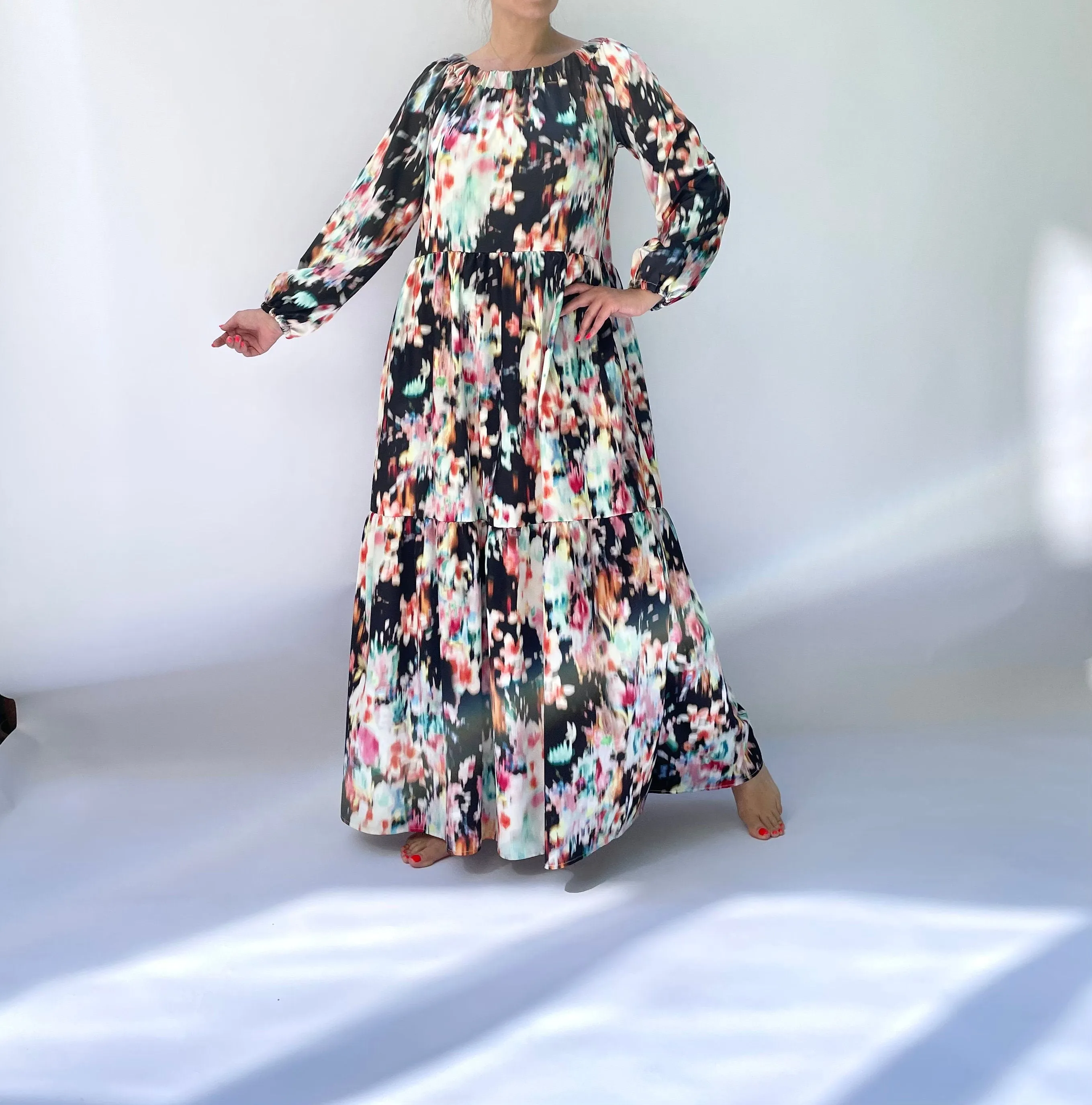 Boho Maxi Dress, Women Boho Dress, Long Sleeve Maxi Dress, Bishop Sleeve Dress, Maxi Dress with Pockets, Loose Maxi Dress, Satin Maxi Dress