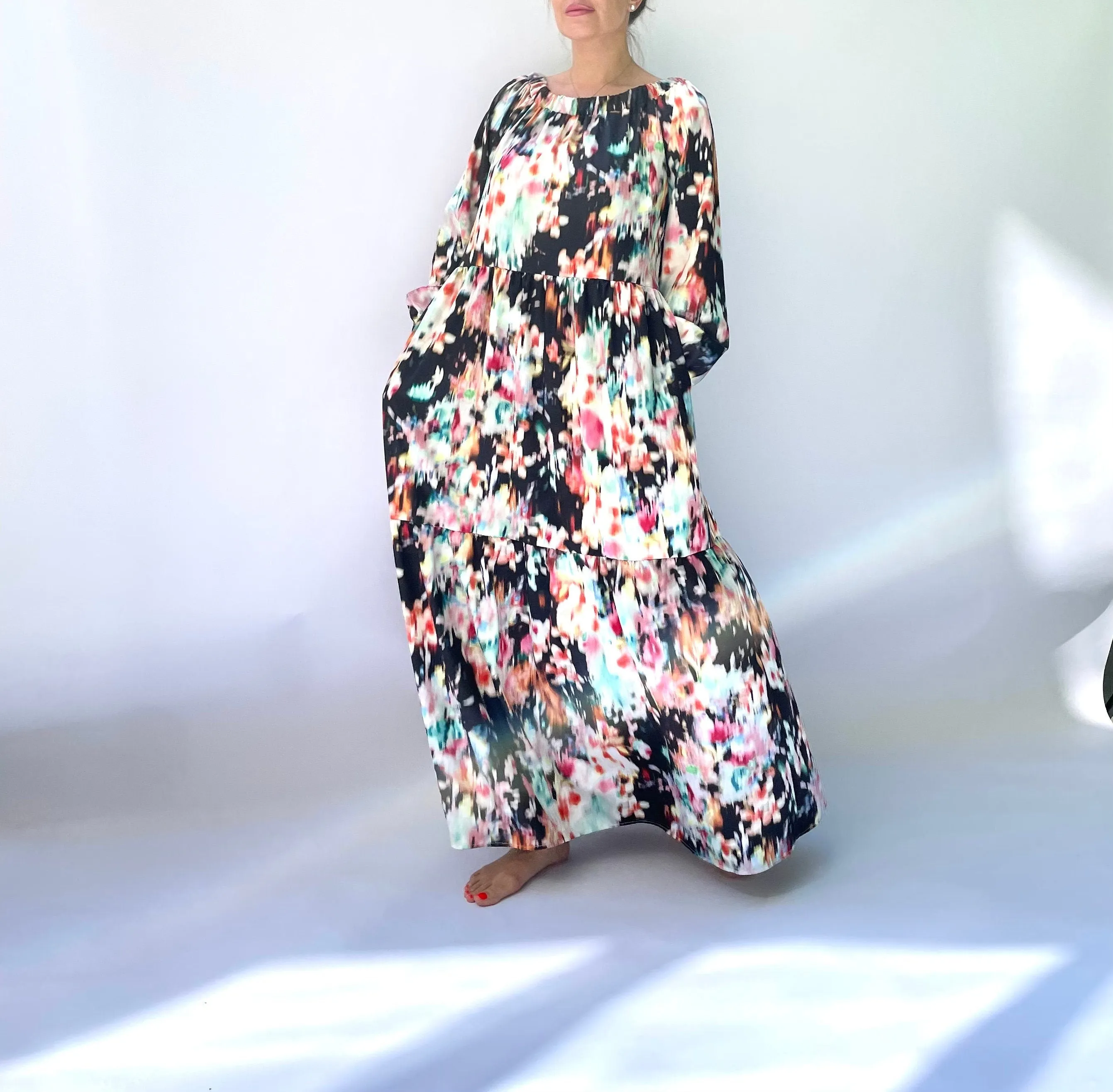 Boho Maxi Dress, Women Boho Dress, Long Sleeve Maxi Dress, Bishop Sleeve Dress, Maxi Dress with Pockets, Loose Maxi Dress, Satin Maxi Dress