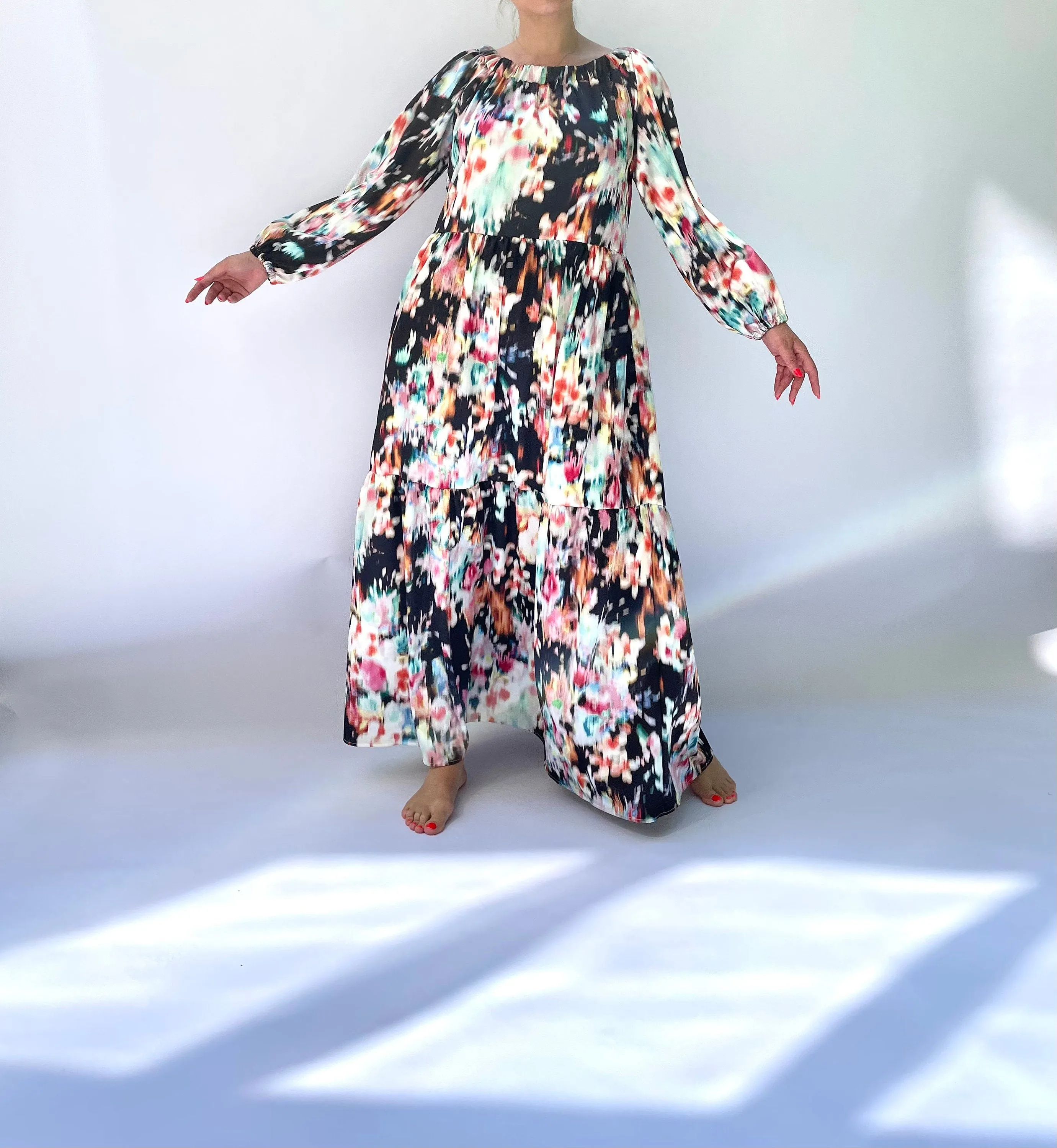 Boho Maxi Dress, Women Boho Dress, Long Sleeve Maxi Dress, Bishop Sleeve Dress, Maxi Dress with Pockets, Loose Maxi Dress, Satin Maxi Dress