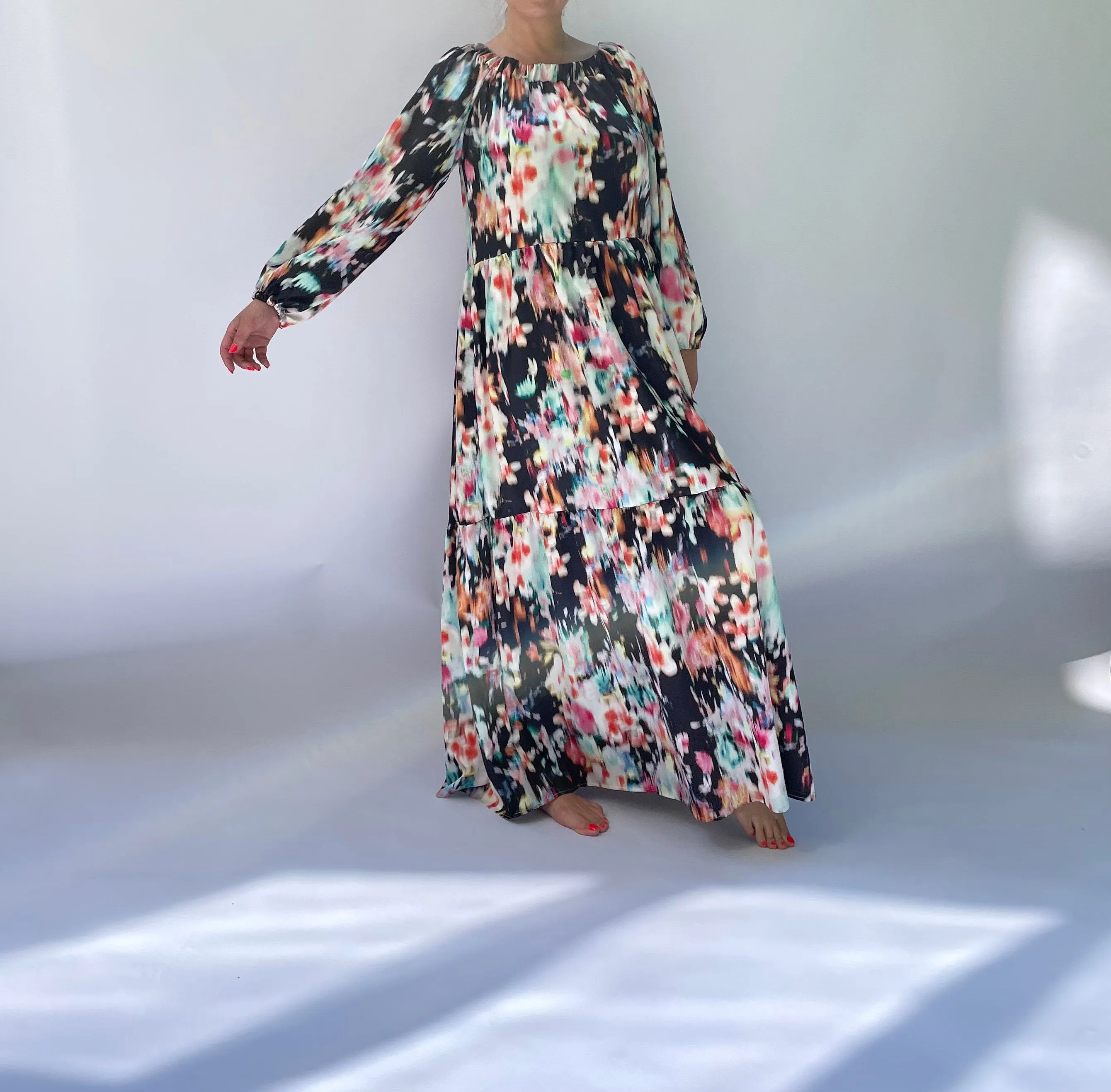 Boho Maxi Dress, Women Boho Dress, Long Sleeve Maxi Dress, Bishop Sleeve Dress, Maxi Dress with Pockets, Loose Maxi Dress, Satin Maxi Dress