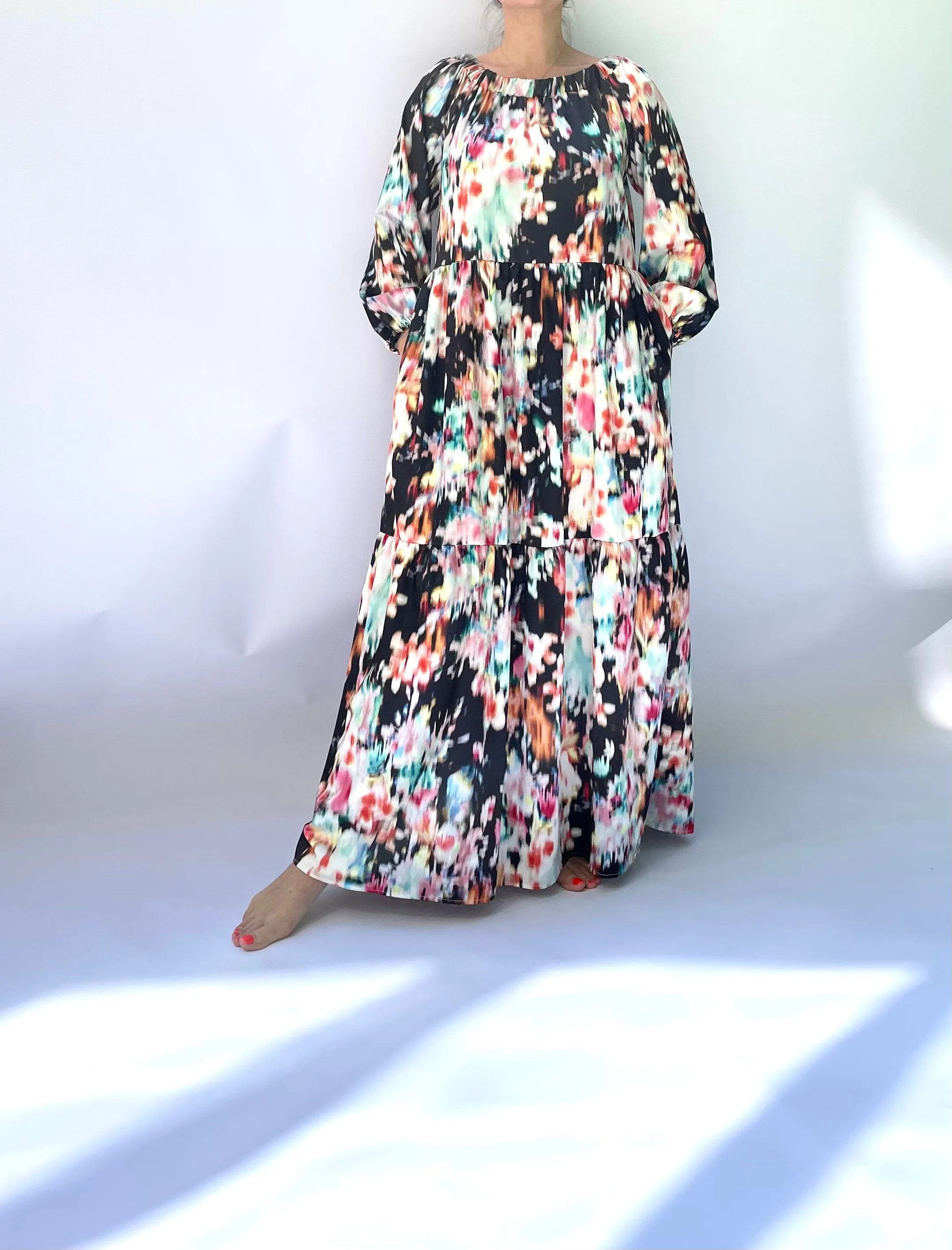 Boho Maxi Dress, Women Boho Dress, Long Sleeve Maxi Dress, Bishop Sleeve Dress, Maxi Dress with Pockets, Loose Maxi Dress, Satin Maxi Dress