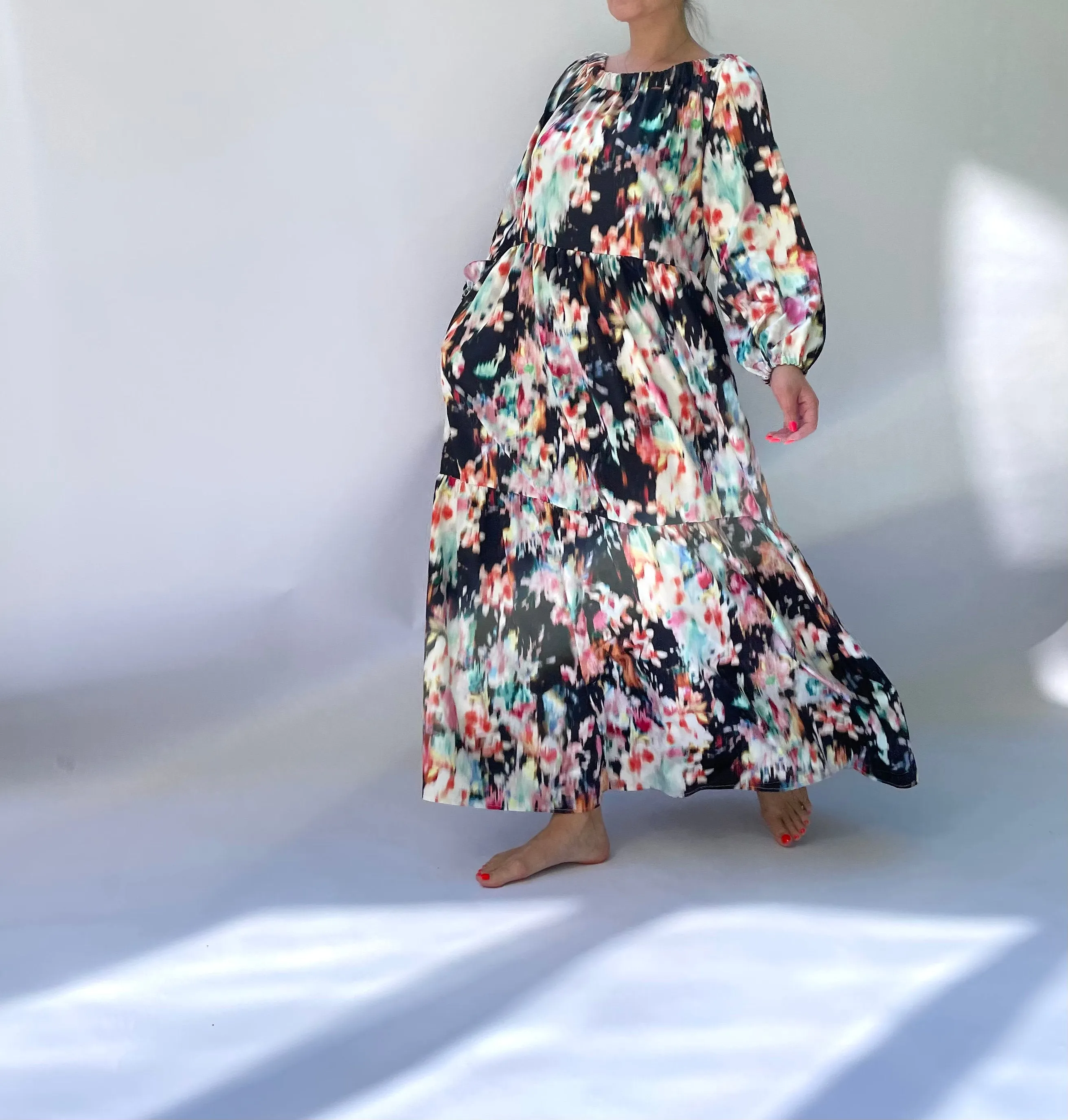 Boho Maxi Dress, Women Boho Dress, Long Sleeve Maxi Dress, Bishop Sleeve Dress, Maxi Dress with Pockets, Loose Maxi Dress, Satin Maxi Dress