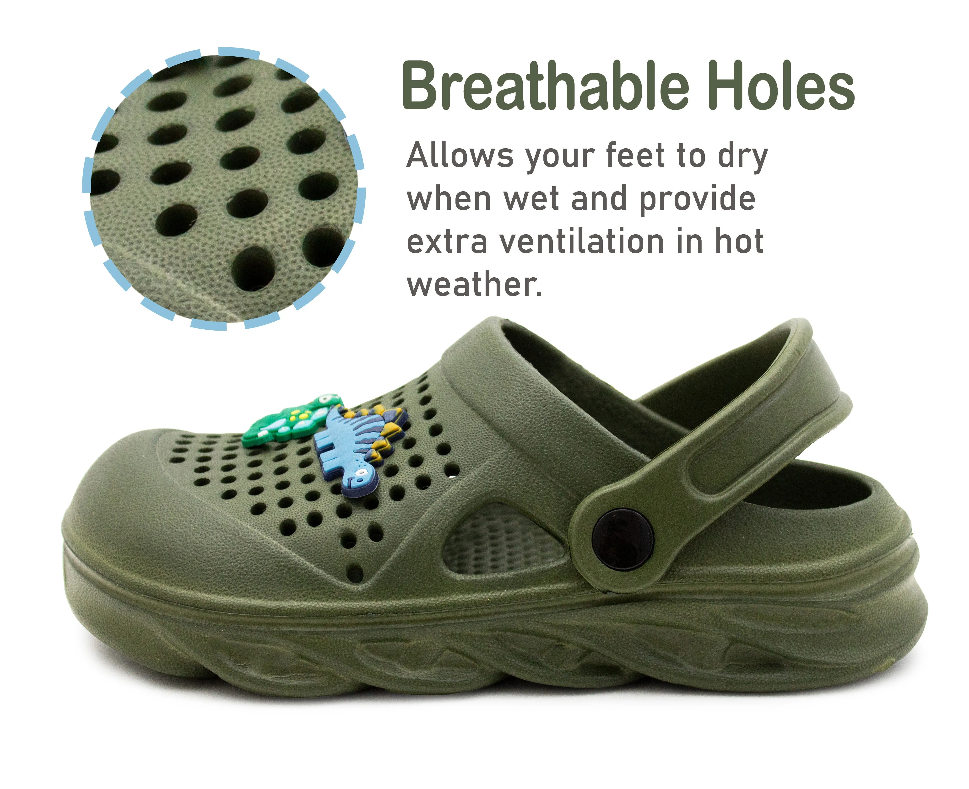 Boys Clogs Kids Lightweight EVA Adjustable Strap Sandals Breathable Slip On Green Khaki Dinosaur Beach Garden Clog Slipper Pool Leisure Water Shoe