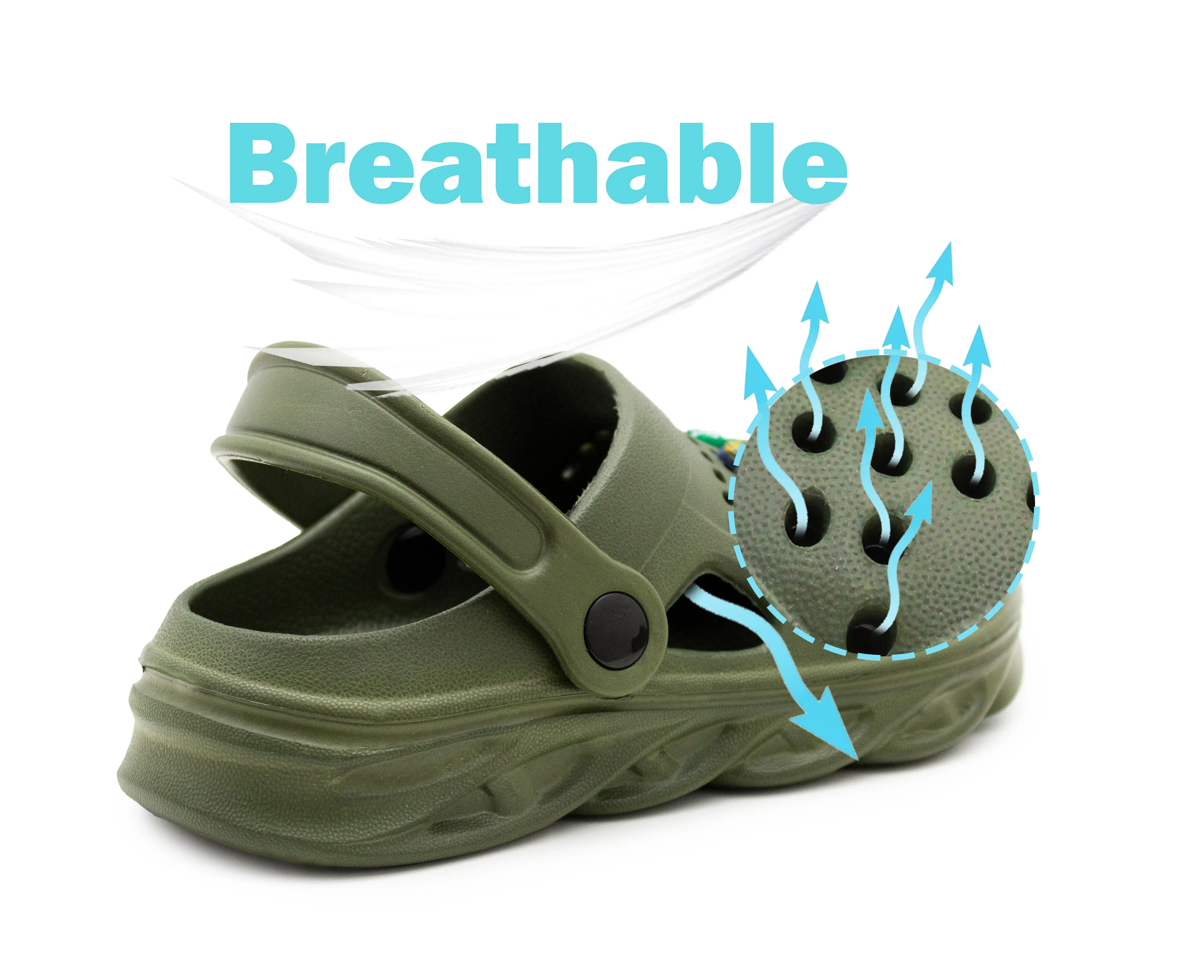 Boys Clogs Kids Lightweight EVA Adjustable Strap Sandals Breathable Slip On Green Khaki Dinosaur Beach Garden Clog Slipper Pool Leisure Water Shoe