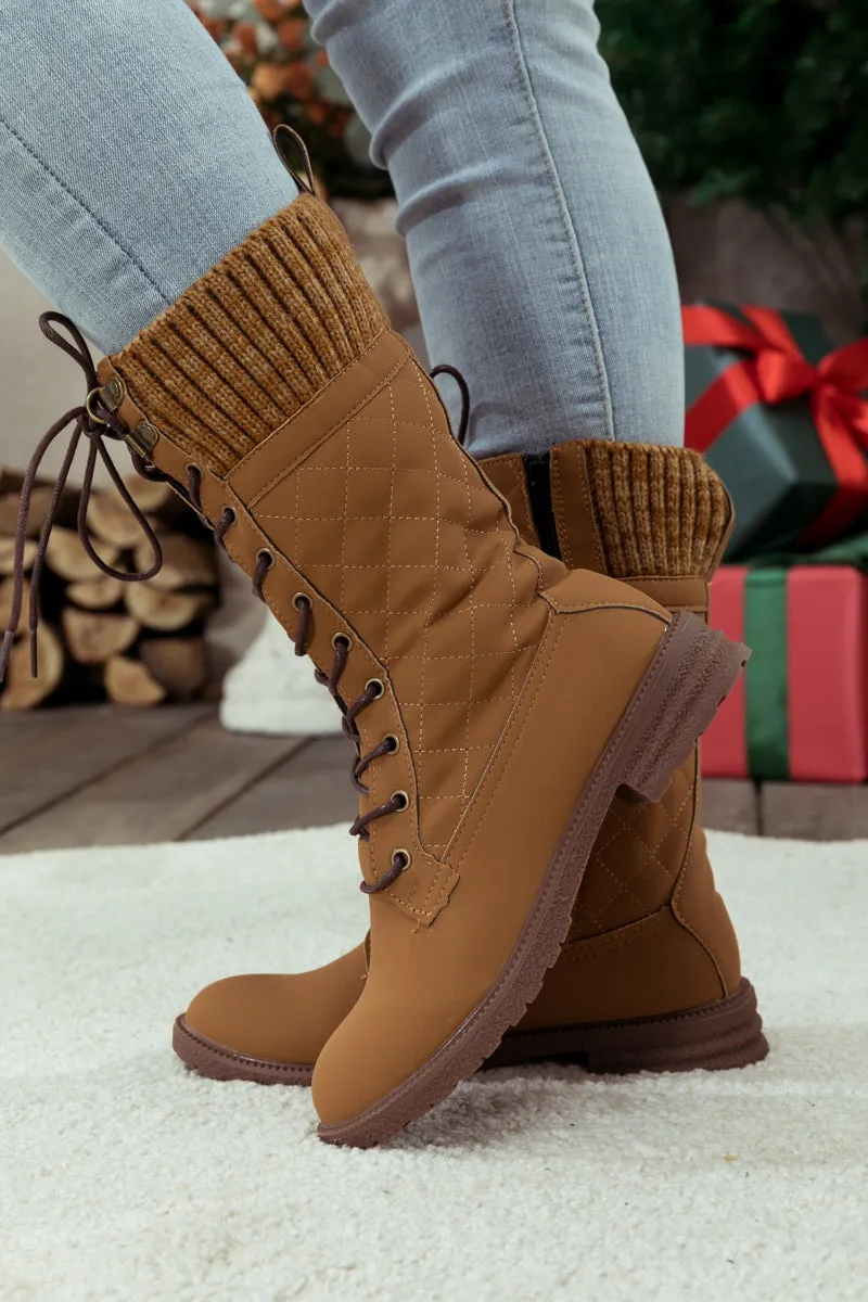 Brown Plaid Pattern Sock-Lined Boot