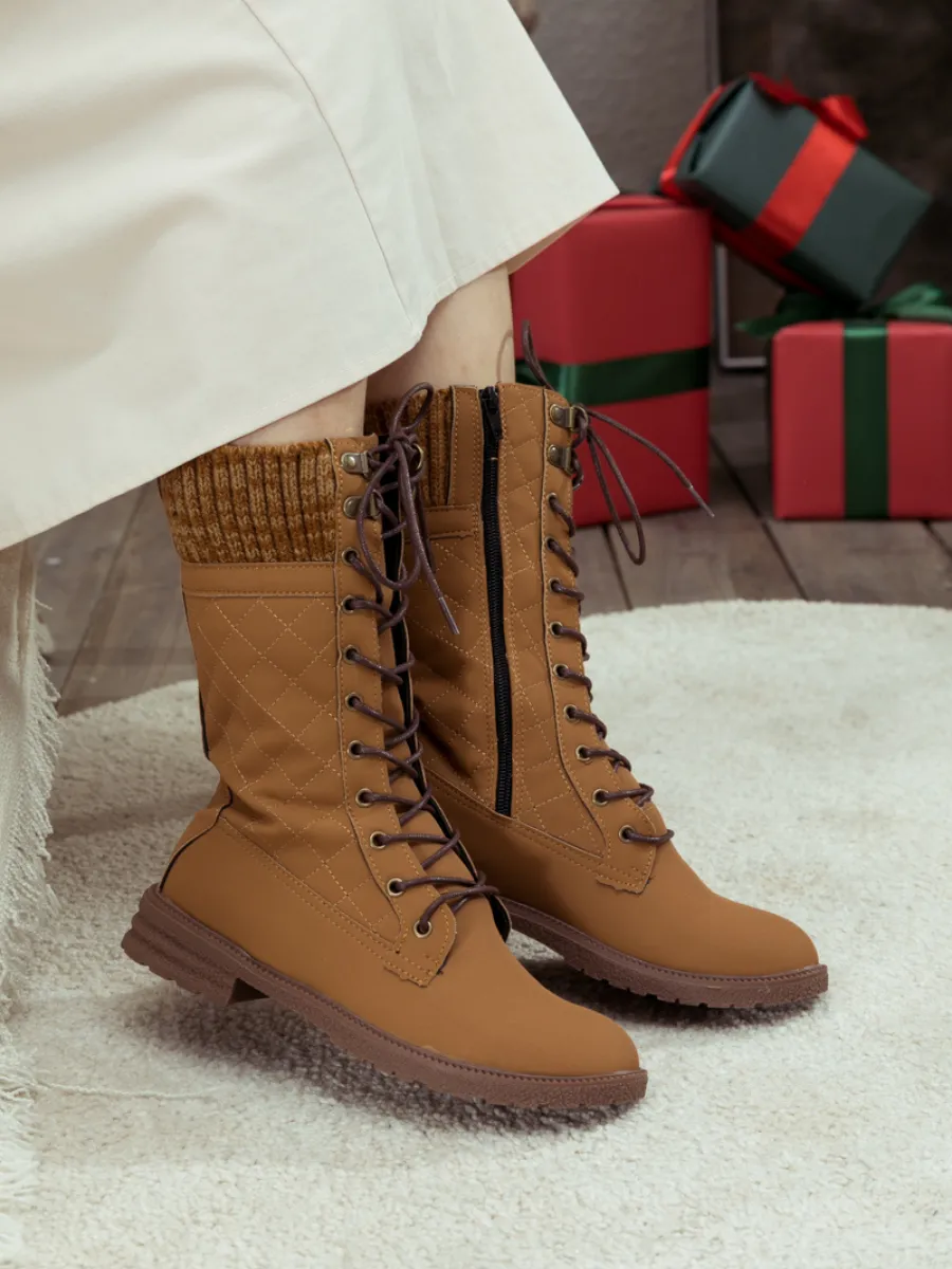 Brown Plaid Pattern Sock-Lined Boot