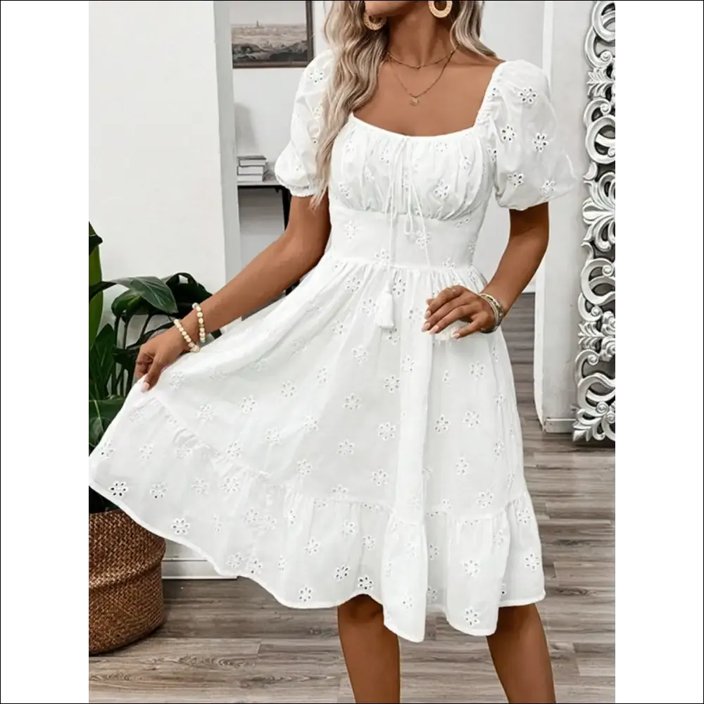 Chic Smocked Eyelet Puff Sleeve Mini Dress