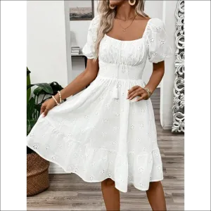 Chic Smocked Eyelet Puff Sleeve Mini Dress