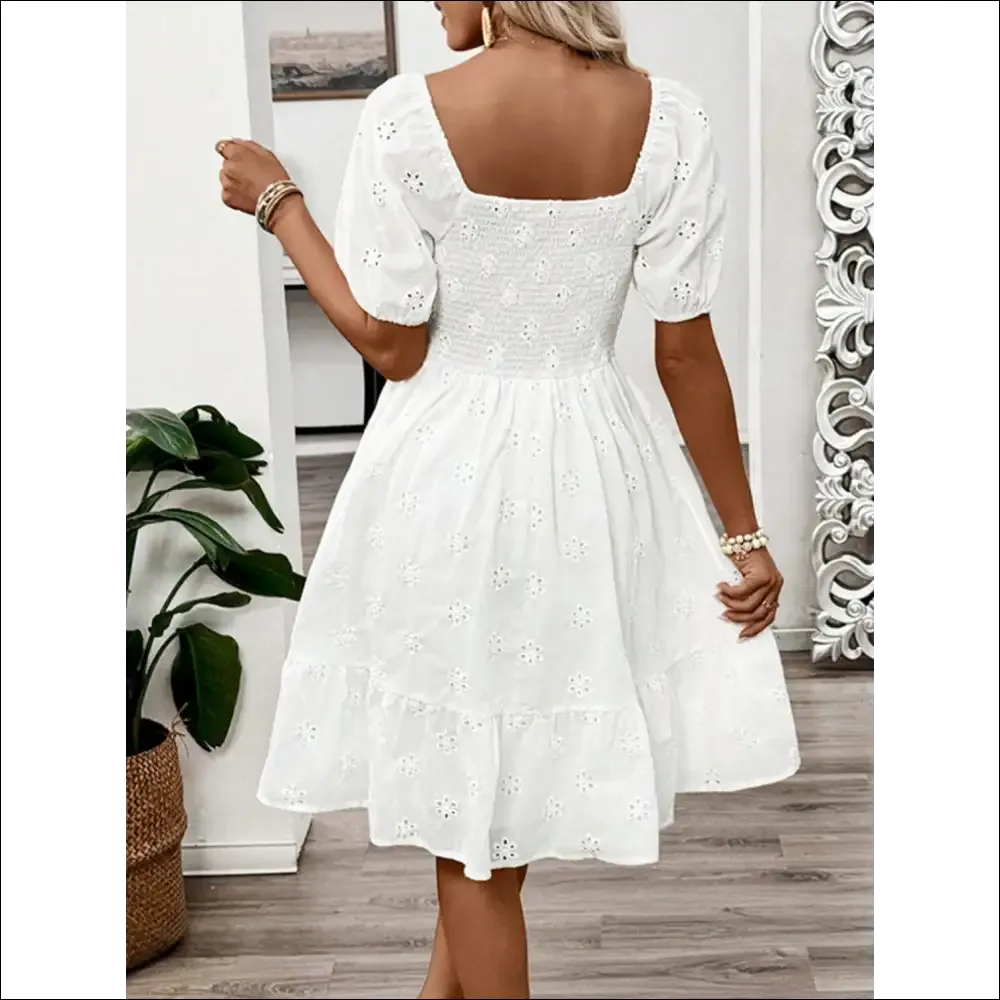 Chic Smocked Eyelet Puff Sleeve Mini Dress