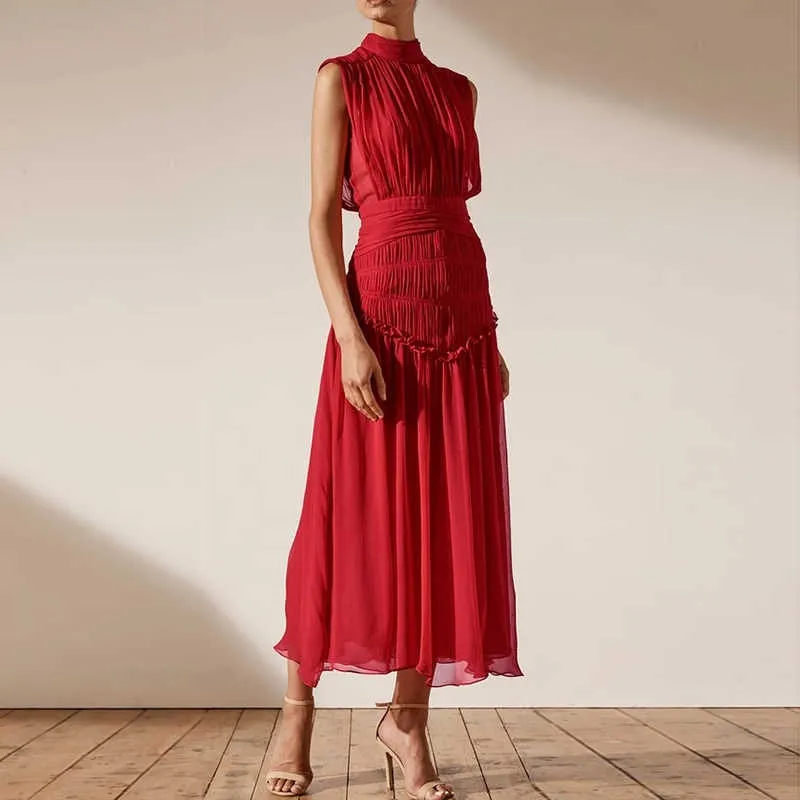 Chiffon Ruched Dress  Stand Collar Sleeveless