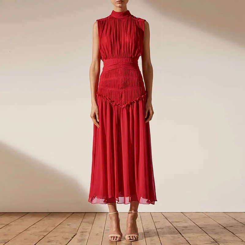 Chiffon Ruched Dress  Stand Collar Sleeveless