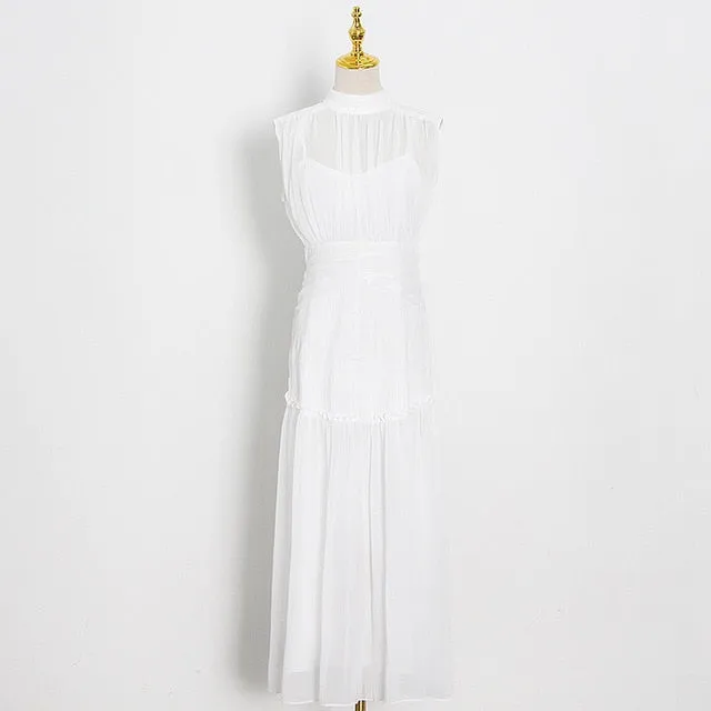 Chiffon Ruched Dress  Stand Collar Sleeveless