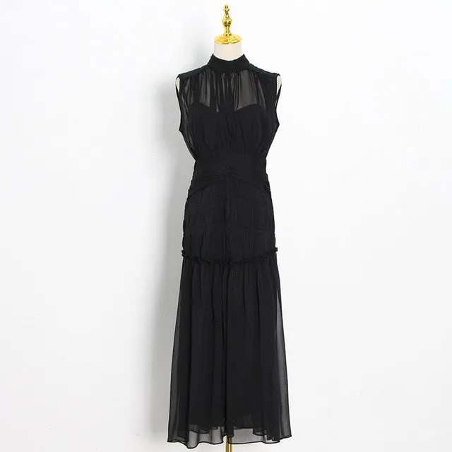 Chiffon Ruched Dress  Stand Collar Sleeveless