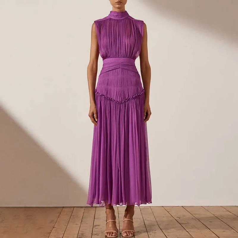 Chiffon Ruched Dress  Stand Collar Sleeveless