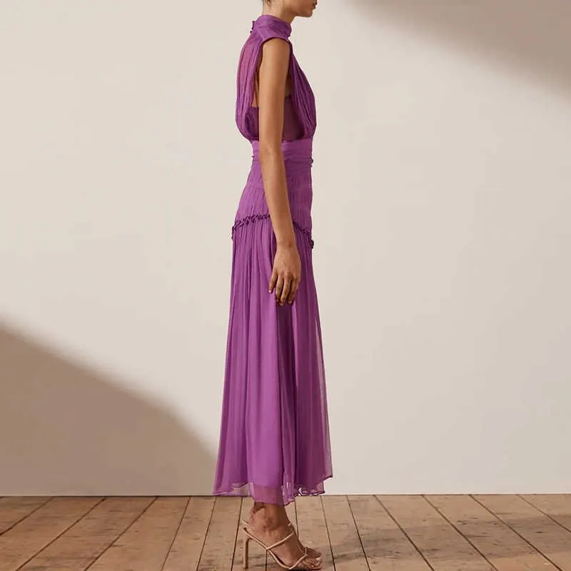 Chiffon Ruched Dress  Stand Collar Sleeveless