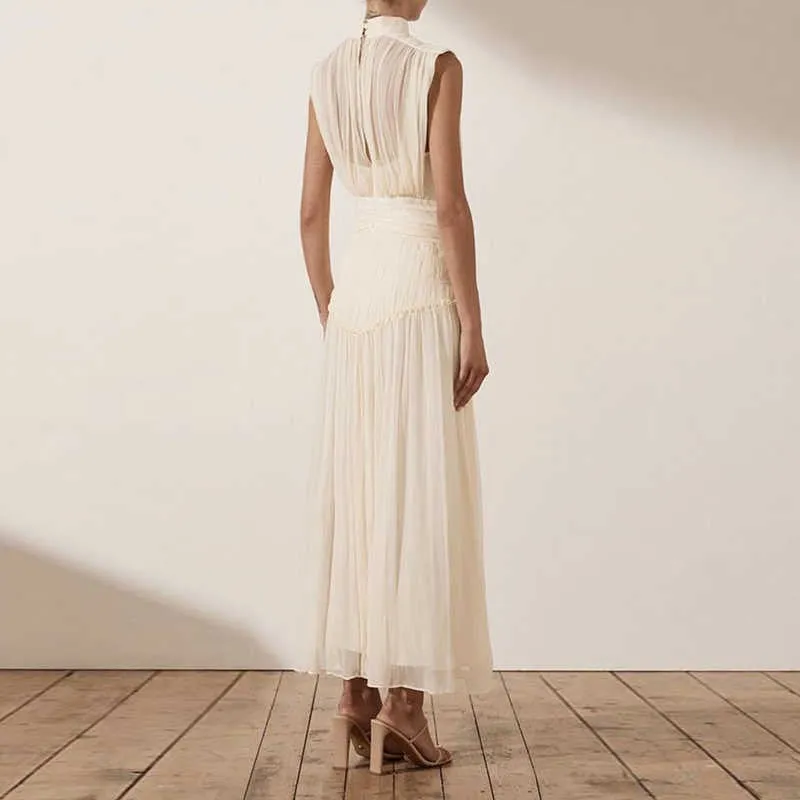 Chiffon Ruched Dress  Stand Collar Sleeveless