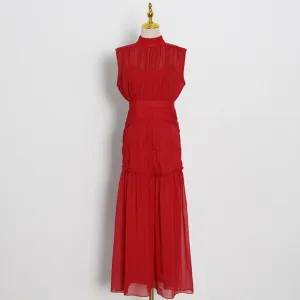 Chiffon Ruched Dress  Stand Collar Sleeveless