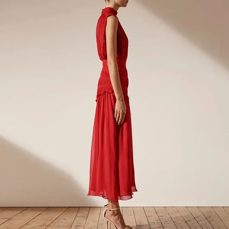 Chiffon Ruched Dress  Stand Collar Sleeveless
