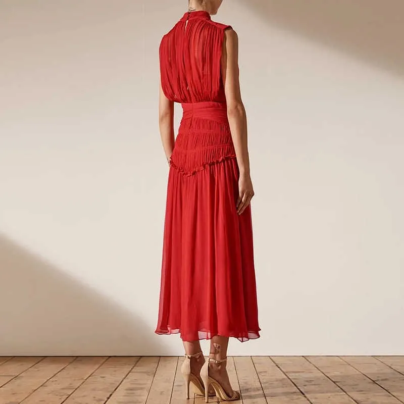 Chiffon Ruched Dress  Stand Collar Sleeveless