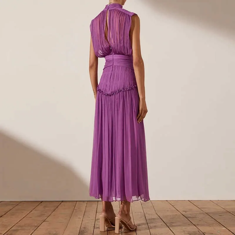 Chiffon Ruched Dress  Stand Collar Sleeveless