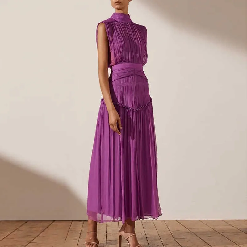 Chiffon Ruched Dress  Stand Collar Sleeveless