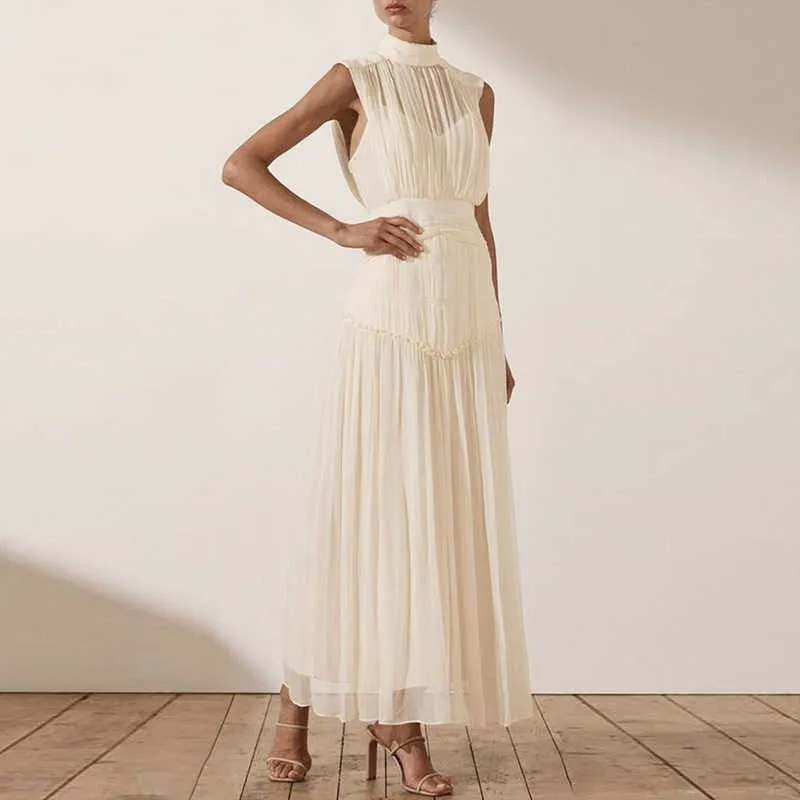 Chiffon Ruched Dress  Stand Collar Sleeveless