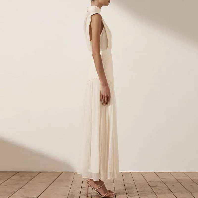 Chiffon Ruched Dress  Stand Collar Sleeveless