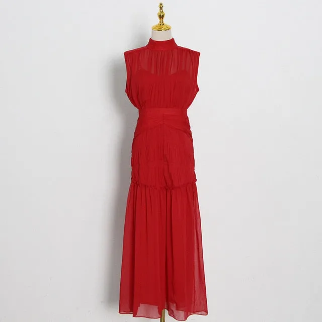 Chiffon Ruched Dress  Stand Collar Sleeveless