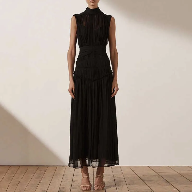 Chiffon Ruched Dress  Stand Collar Sleeveless