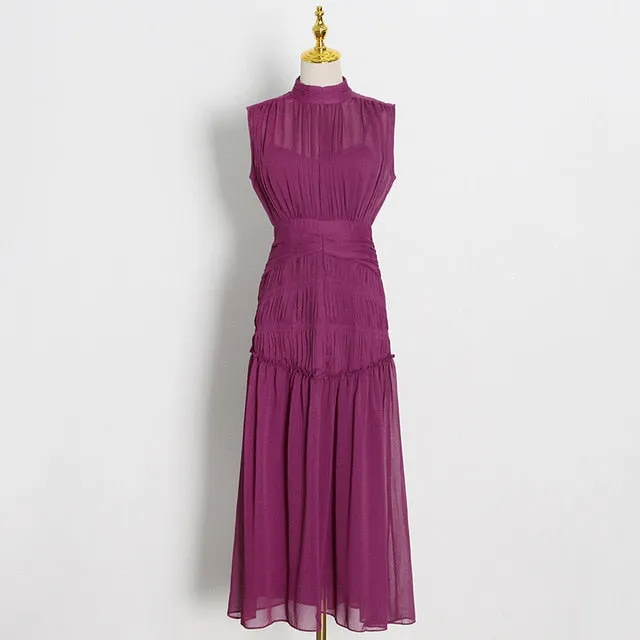 Chiffon Ruched Dress  Stand Collar Sleeveless