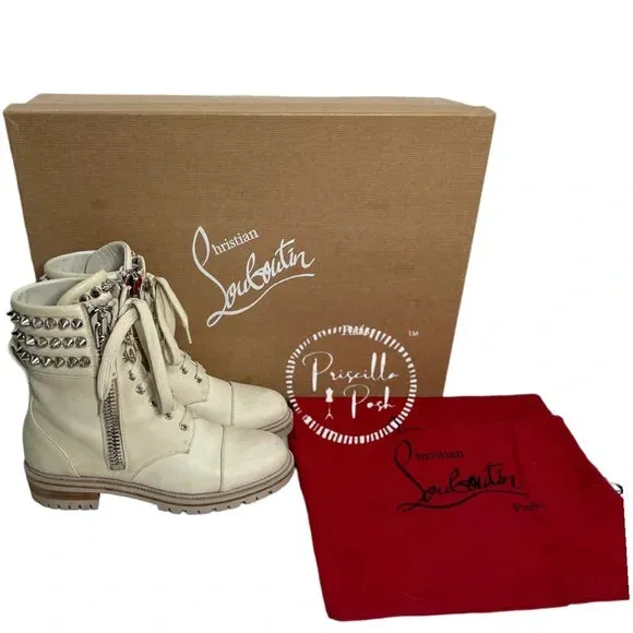 Christian Louboutin Leather Silver Spiked Combat Boots Luge Rubber Sole 36