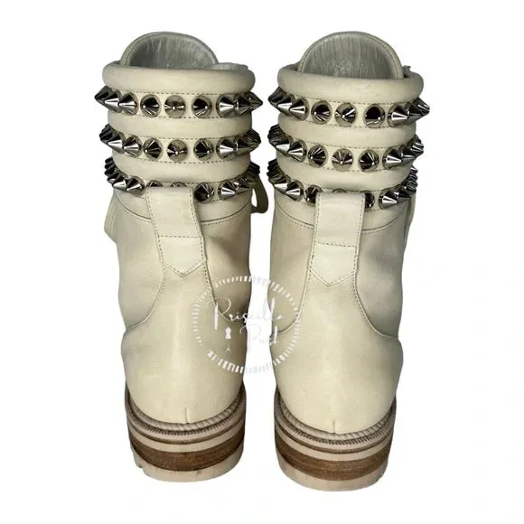 Christian Louboutin Leather Silver Spiked Combat Boots Luge Rubber Sole 36