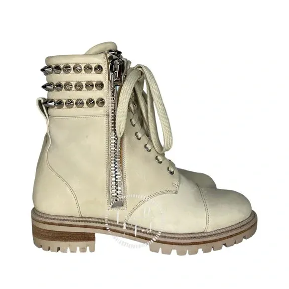 Christian Louboutin Leather Silver Spiked Combat Boots Luge Rubber Sole 36