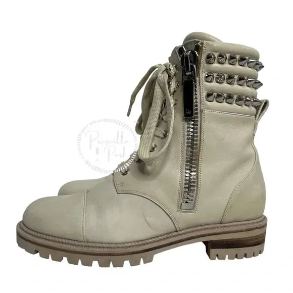 Christian Louboutin Leather Silver Spiked Combat Boots Luge Rubber Sole 36