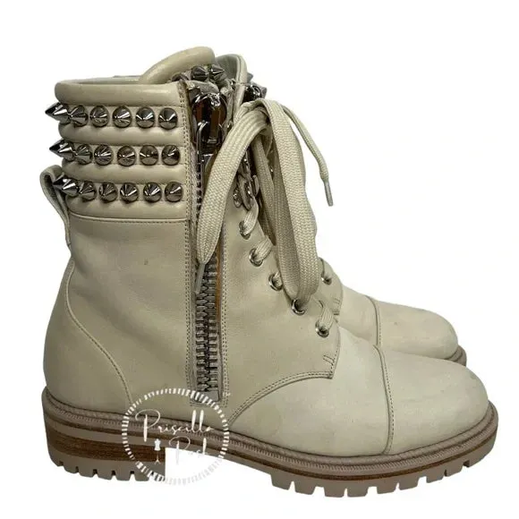 Christian Louboutin Leather Silver Spiked Combat Boots Luge Rubber Sole 36