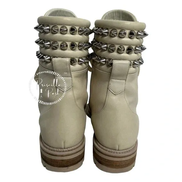 Christian Louboutin Leather Silver Spiked Combat Boots Luge Rubber Sole 36