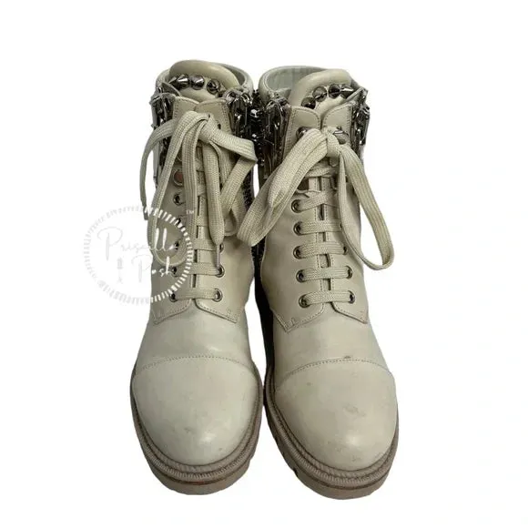 Christian Louboutin Leather Silver Spiked Combat Boots Luge Rubber Sole 36