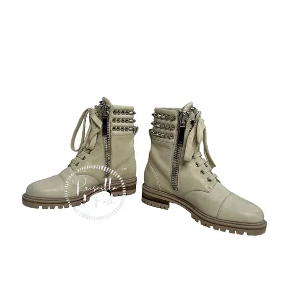 Christian Louboutin Leather Silver Spiked Combat Boots Luge Rubber Sole 36